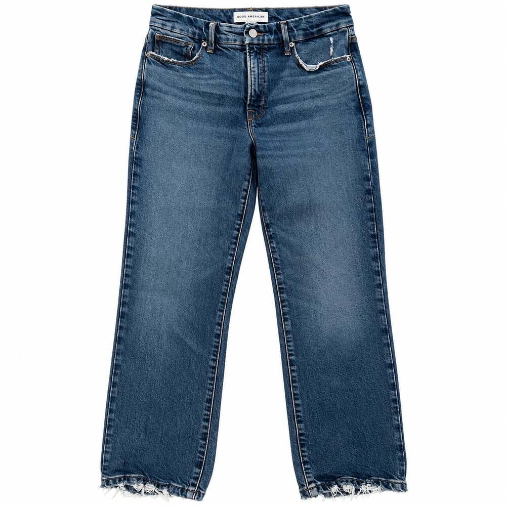 Good American Good Legs Straight Jeans 6/28 Blue Distressed Split Pocket Raw Hem